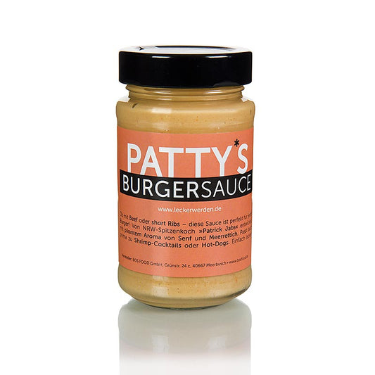 Pattys Burgersauce, kreiert von Patrick Jabs, 225 ml - Perfekte würzige Sauce für Burger, Shrimpscocktail und Hot Dogs, entwickelt von Spitzenkoch Patrick Jabs mit pikanten Aromen von Senf und Meerrettich