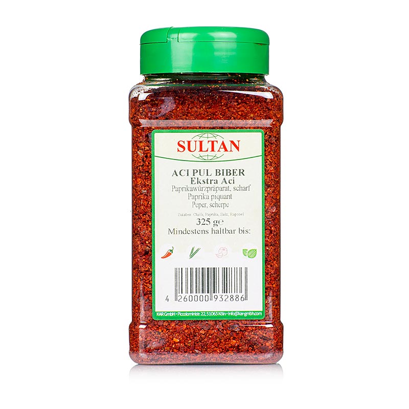 German: Pul Biber, türkische Chili Würzzubereitung, 325 g - aromatische Gewürzmischung aus getrockneten roten Chilischoten in einer praktischen 325 g Verpackung