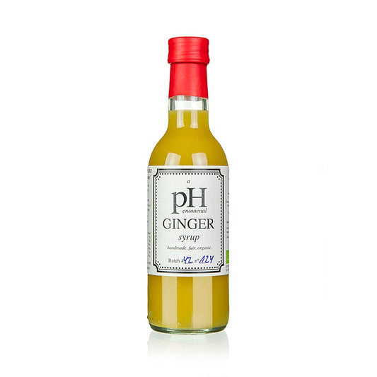 250 ml veganes, BIO-Ingwersirup, hergestellt aus frischem Bio-Ingwersaft und Orangensaft, gesüßt mit bestem Bio-Agavendicksaft, ideal für alkoholfreie Limonaden oder als Basis für Cocktails, nach Anbruch im Kühlschrank aufbewahren