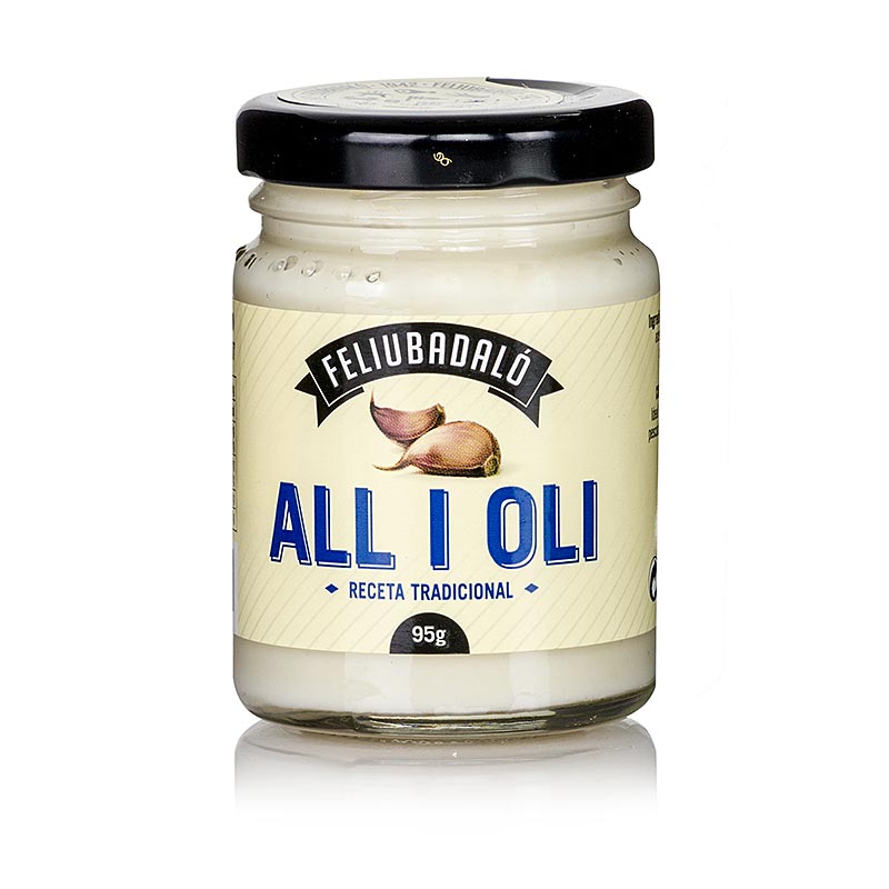 Allioli - Knoblauchcreme, mit Pflanzenöl, Feliubadalo, 95 g - Traditionelle spanische Sauce ohne Ei, perfekt für Grillfleisch, Fisch, Meeresfrüchte und Gemüse geeignet, auch lecker auf frischem Weissbrot