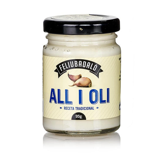 Allioli - Knoblauchcreme, mit Pflanzenöl, Feliubadalo, 95 g - Traditionelle spanische Sauce ohne Ei, perfekt für Grillfleisch, Fisch, Meeresfrüchte und Gemüse geeignet, auch lecker auf frischem Weissbrot