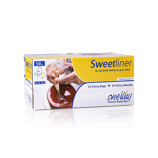 Spritzbeutel Einweg 22x12cm One Way Sweetliner inklusive Spitzen für Schokolade Geeignet für Schreibcouverture und Dekorationen, mit 4 Lagen und verstärkter Naht Sehr benutzerfreundlich und platzen nicht In verschiedenen Größen erhältlich