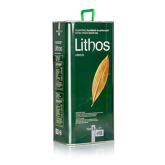 Natives Olivenöl Extra, Lithos, Peloponnes, 5 l - Frisches, fruchtiges und elegant würziges Olivenöl aus halbreifen, unversehrten Oliven Ideal für mediterrane Frühjahrs- und Sommerküche! Geehrt als eines der drei besten Olivenöle Griechenlands