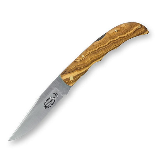 Taschenmesser mit Olivenholzgriff, 9cm Klinge, Griffmulden und Entriegelungsknopf