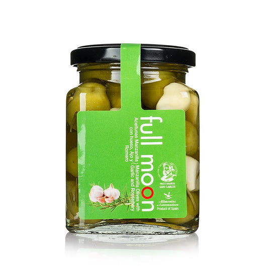 Grüne Manzanilla Oliven mit Knoblauch eingelegt, perfekt für Tapas, Salate und Fleisch- & Fischgerichte von San Carlos Gourmet, 300 g