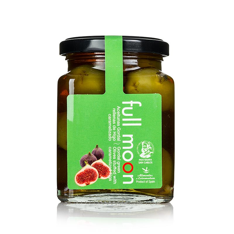 300g jar of Gordal green olives without pits, paired with caramelized San Carlos figs (English)