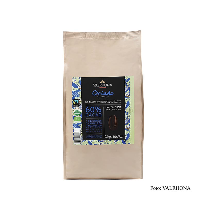 Bild einer 3-kg-Packung Valrhona Oriado Bio-Couverture Dunkel mit 60% Kakao, ideal für Desserts und Backwaren in der Schweiz erhältlich