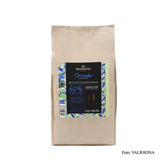 Bild einer 3-kg-Packung Valrhona Oriado Bio-Couverture Dunkel mit 60% Kakao, ideal für Desserts und Backwaren in der Schweiz erhältlich