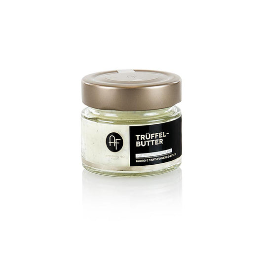 Trüffelbutter-Zubereitung mit Sommertrüffel, Appennino, 80 g - Tagesfrisch verarbeitete Rahmbutter vermischt mit klein gehackten Sommertrüffeln, ideal zur Verfeinerung von Nudelsaucen geeignet