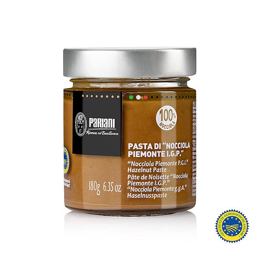 Haselnusspaste, 100% Piemonteser Haselnüsse, ggA, Pariani, 180 g - Creme aus italienischen Tonda Gentile Trilobata Haselnüssen, perfekt für Gebäck, Kuchen und Patisserie, mit geschützter geographischer Angabe