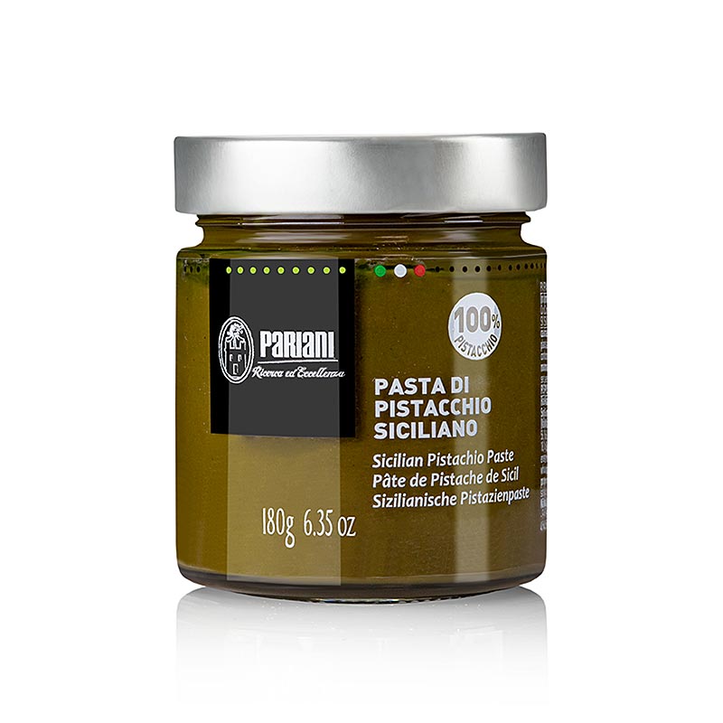 180 g Packung mit cremiger Pistazienpaste aus sizilianischen Pistazien von Pariani, perfekt zum Bestreichen von Sandwiches, Desserts und pikanten Gerichten