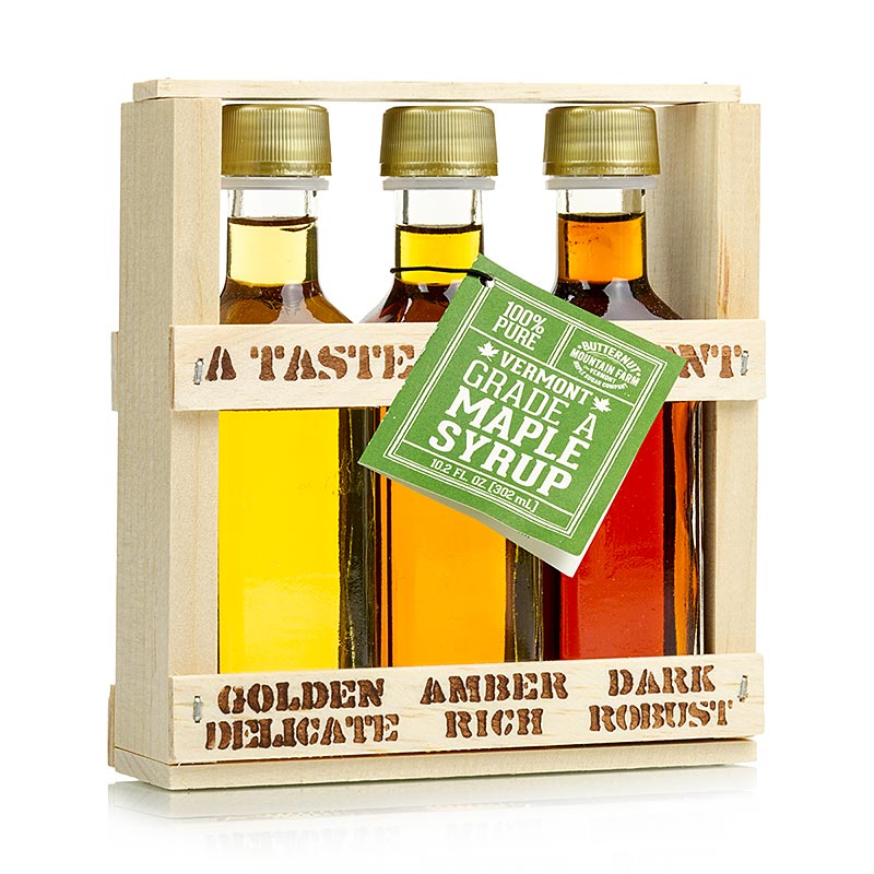 Ahornsirup Testbox Taste of Vermont (Golden, Amber, Dark), 300 ml, 3 x 100ml - 100 % reiner Ahornsirup in dekorativer Holzkiste mit verschiedenen Geschmacksrichtungen Goldener Sirup mit zartem Geschmack, Bernsteinfarbener Sirup mit reichem Geschmack, Dunkler Sirup mit robustem Geschmack