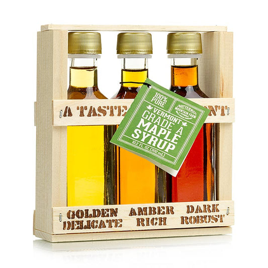 Ahornsirup Testbox Taste of Vermont (Golden, Amber, Dark), 300 ml, 3 x 100ml - 100 % reiner Ahornsirup in dekorativer Holzkiste mit verschiedenen Geschmacksrichtungen Goldener Sirup mit zartem Geschmack, Bernsteinfarbener Sirup mit reichem Geschmack, Dunkler Sirup mit robustem Geschmack