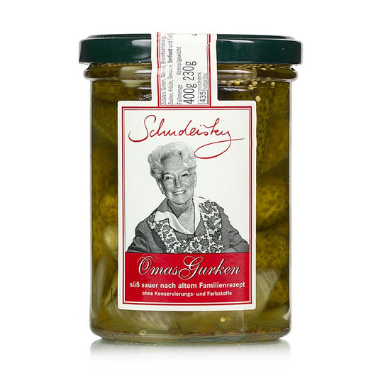 Eingelegte Gurken Omas Gurken süß-sauer eingelegt Schudeisky 400 g, ideal für Brotzeit, Salate und Saucen