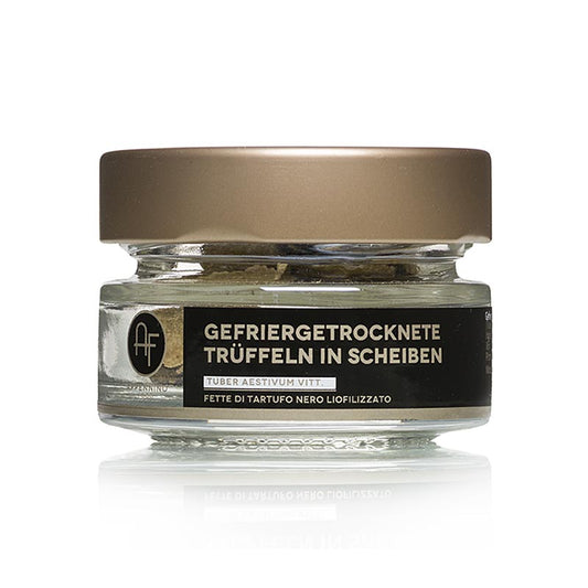 Gefriergetrocknete Sommertrüffelscheiben aus dem Appennino, 2,5 g, die in einer Pfanne mit Bouillon angewärmt und rehydriert werden können, um den unvergleichlichen Trüffelgeruch zu entfalten Ideal für Saucen und Rührei, und die aromatisierte Flüssigkeit in der Pfanne kann ebenfalls verwendet werden