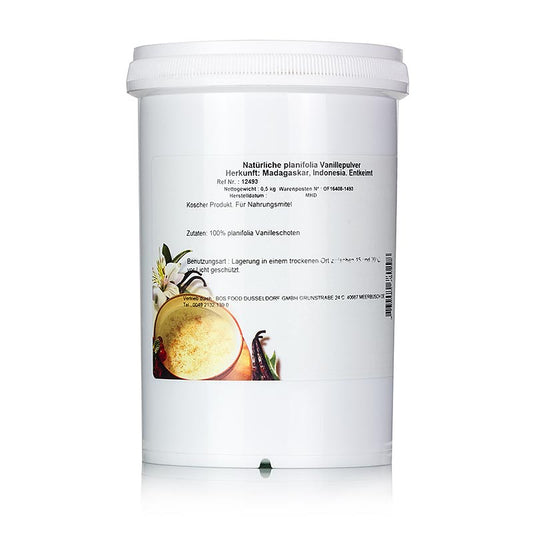 Gemahlene 100% Vanille aus Madagaskar in einer 500 g Verpackung, mit unvergleichlich vollem und sahnigem Aroma für absoluten Genuss!