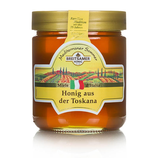 Honigglas Breitsamer Honig Mediterraner Sommer, Toskana, 500 g, golden und fein-blumig, gesammelt von Bienen in der sonnenverwöhnten Landschaft der Toskana