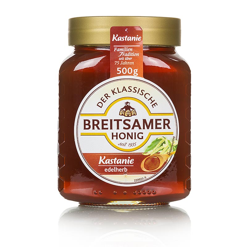 Breitsamer Honig Kastanie, 500 g - Bernsteinfarbener Honig mit Duft blühender Bäume, ideal zu Vollkornbrot und reifem Käse