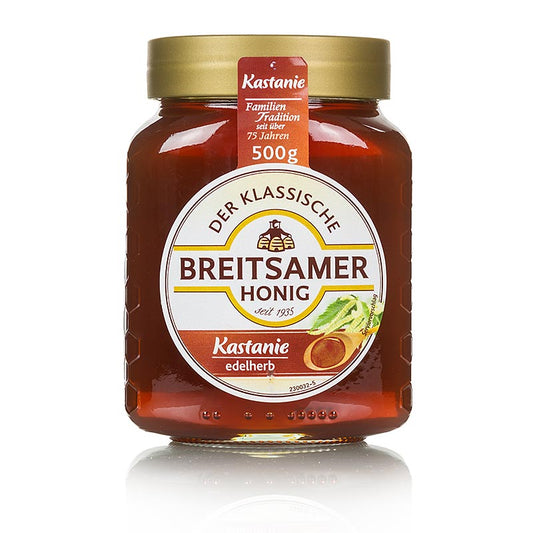 Breitsamer Honig Kastanie, 500 g - Bernsteinfarbener Honig mit Duft blühender Bäume, ideal zu Vollkornbrot und reifem Käse