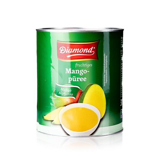 Alt text: Große, gezuckerte Mango-Pulpe in der 3,1 kg Verpackung von Alphonso und Diamond (German)
