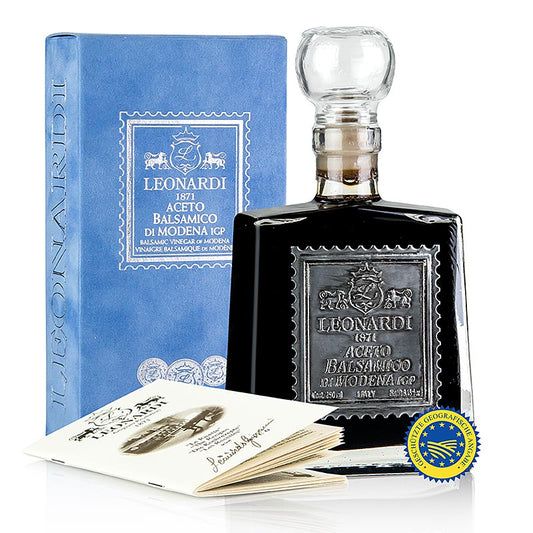 250 ml Flasche Leonardi - Aceto Balsamico di Modena IGP/ggA, Velluto Blu, 6 Jahre gereift, mit samtiger Textur und intensivem Geschmack, ideal zum Verfeinern von Salaten und Soßen, ein Muss für Gourmets und Hobbyköche