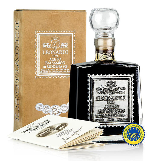 Leonardi - Aceto Balsamico di Modena IGP/ggA, Velluto Ocra, 10 Jahre, 250 ml - Wunderschöne Flasche mit hochwertigem Aceto Balsamico aus Modena, hergestellt von der Familie Leonardi, die seit vier Generationen das Landgut der Campi Macri bewirtschaftet und Hand an der Traubenlese anlegt
