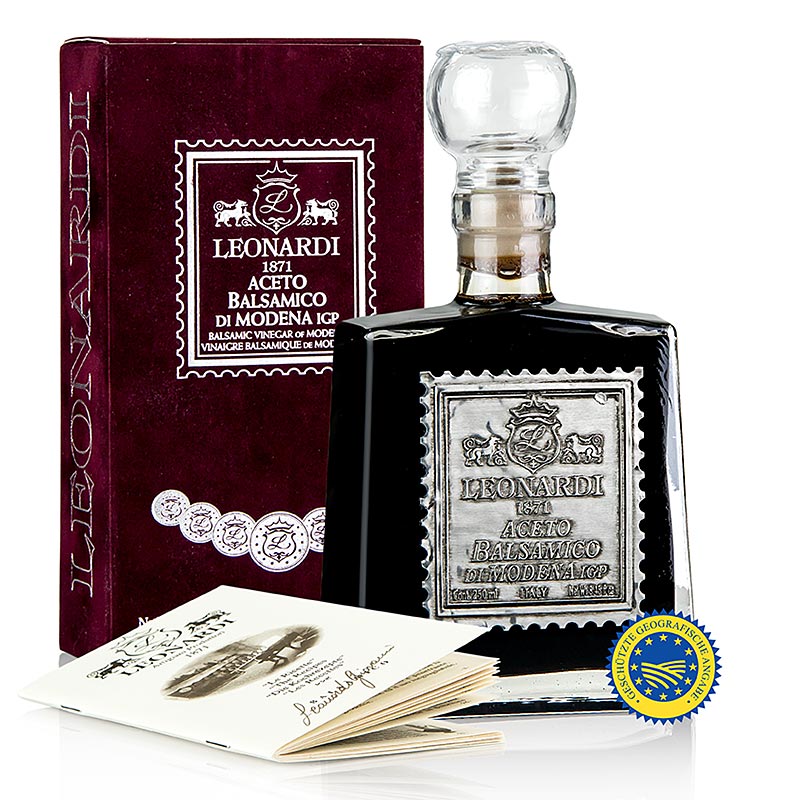 Leonardi - Aceto Balsamico di Modena IGP/ggA, Velluto Bordeaux, 15 Jahre, 250 ml: Wunderschöne Flasche mit hochwertigem Aceto, handgeernteten Trauben und historischem Anwesen der Familie Leonardi in Campi Macri, Modena