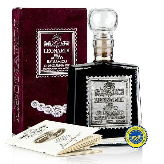 Leonardi - Aceto Balsamico di Modena IGP/ggA, Velluto Bordeaux, 15 Jahre, 250 ml: Wunderschöne Flasche mit hochwertigem Aceto, handgeernteten Trauben und historischem Anwesen der Familie Leonardi in Campi Macri, Modena