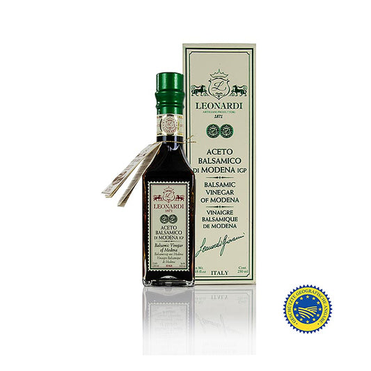 Leonardi - Aceto Balsamico di Modena IGP/ggA, Francobollo, 4 Jahre, 250 ml - Wunderschöne Flasche mit hochwertigem Aceto Balsamico, handgeerntete Trauben, 300 Jahre alte Azienda in Modena