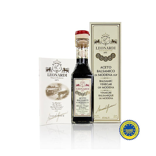 Leonardi - Aceto Balsamico di Modena IGP/ggA, Francobollo, 10 Jahre, 250 ml - Traditionelle Herstellung von hochwertigem Aceto Balsamico auf dem Landgut Campi Macri in Modena, Italien, von der Familie Leonardi in vierter Generation geführt