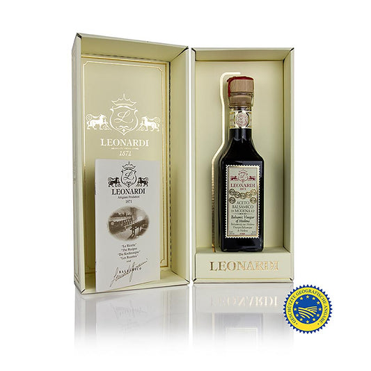 Leonardi - Aceto Balsamico di Modena IGP/ggA, Francobollo, 15 Jahre, 250 ml - wunderschön gestaltete Flasche mit hochwertigem Aceto Balsamico, hergestellt mit natürlichen Zutaten und traditionellem Handwerk der Familie Leonardi seit 1871