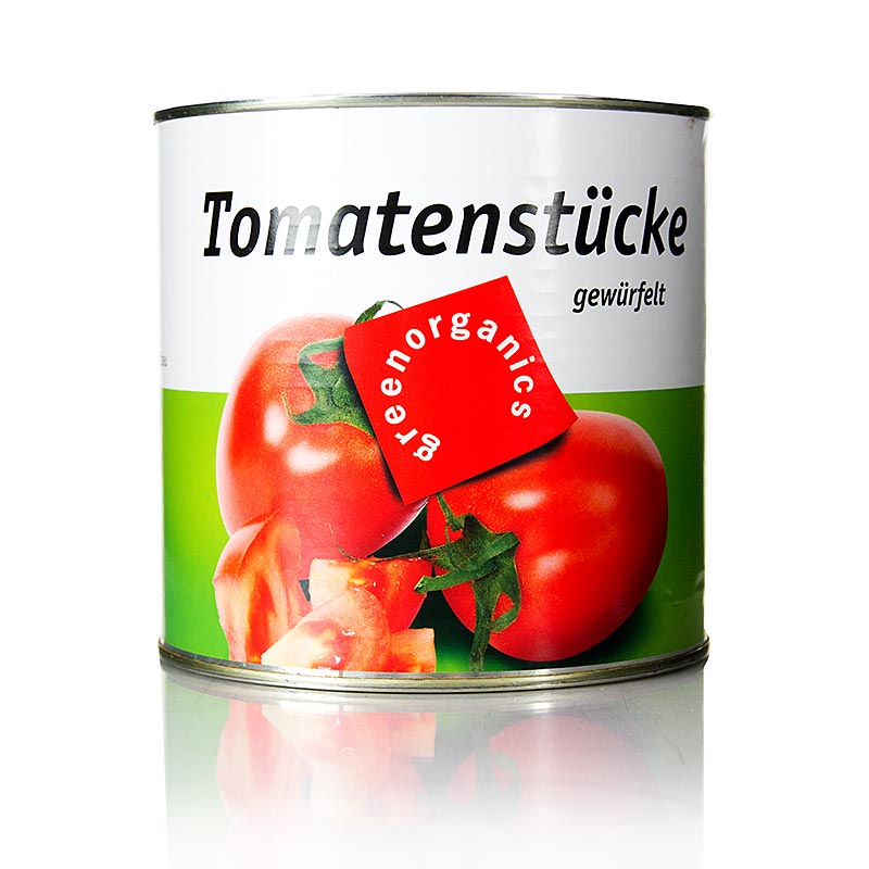 Großpackung mit 2,55 kg Green Organic Tomaten Stücke aus Italien, bio-zertifiziert (IT-BIO-006), ideal für nachhaltiges und gesundes Kochen