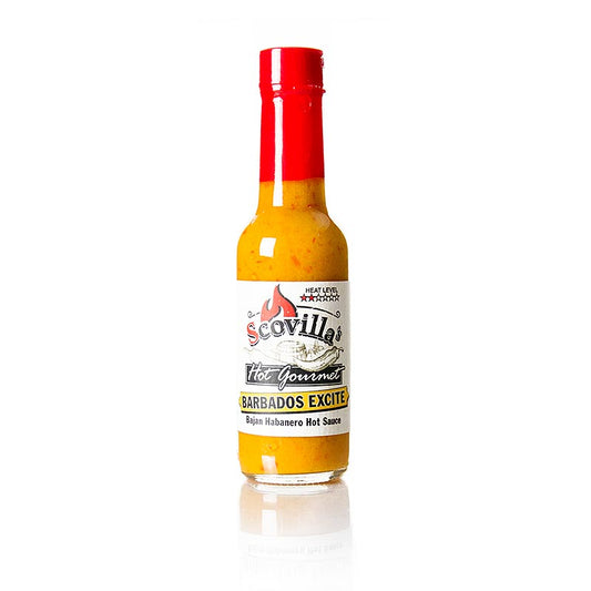 Scovilla Barbados Excite Sauce, Habanero Chili, 148 ml - Karibische gelbe Hot Sauce mit scharfen Habaneros, Zwiebeln, Senf und Kurkuma, perfekt für gegrilltes Fleisch, Geflügel und frischen Fisch sowie zum Würzen tropisch-karibischer Reisgerichte