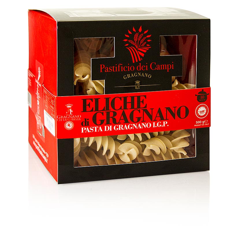 Pastificio dei Campi - No59 Eliche, Pasta di Gragnano, IGP/gU, 500 g - Beschreibung der einzigartigen Gragnanopasta mit IGP-Siegel, hergestellt aus lokalem Hartweizenmehl und Wasser, das zur Qualität der Pasta beiträgt, und einer jahrhundertealten Tradition der Pastaherstellung in Gragnano