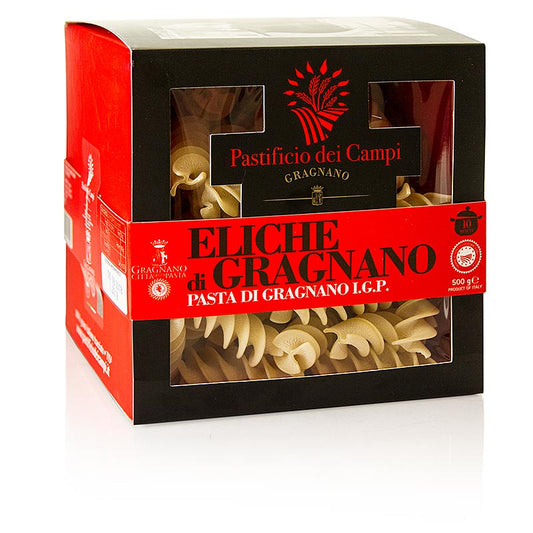 Pastificio dei Campi - No59 Eliche, Pasta di Gragnano, IGP/gU, 500 g - Beschreibung der einzigartigen Gragnanopasta mit IGP-Siegel, hergestellt aus lokalem Hartweizenmehl und Wasser, das zur Qualität der Pasta beiträgt, und einer jahrhundertealten Tradition der Pastaherstellung in Gragnano