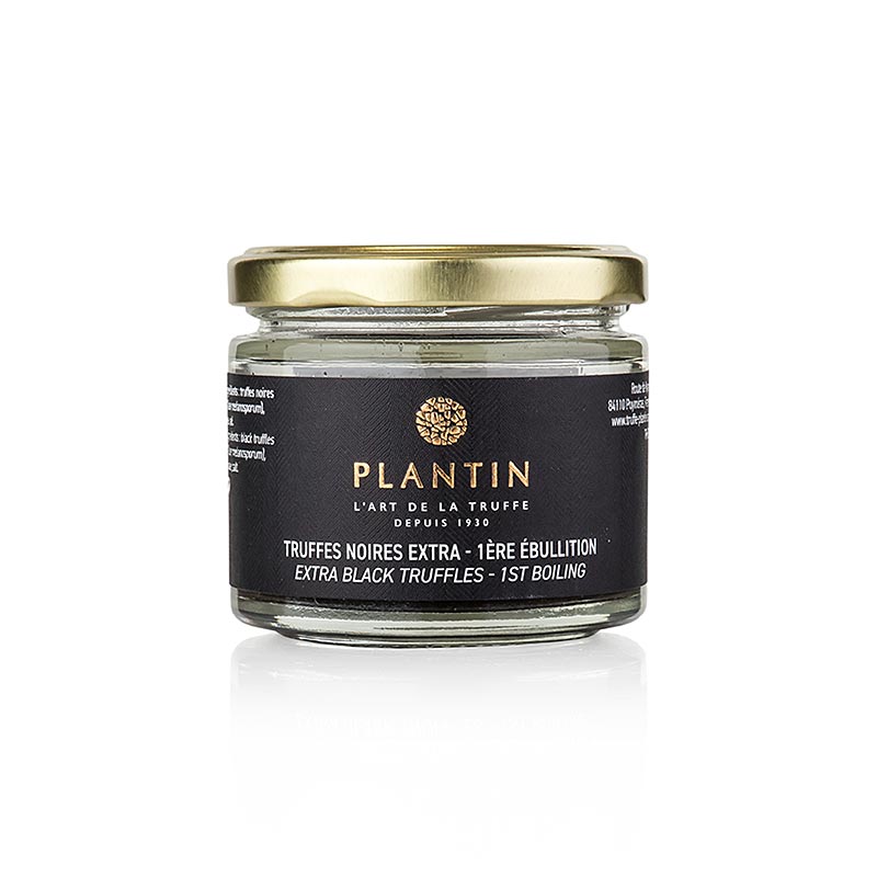 Winteredeltrüffel extra (Tuber Melanosporum), ganze Trüffel, rund, Plantin, 50 g - besonders runde und schöne Trüffel in Salz und Trüffelsaft eingekocht, ideal für Terrinen, Pasteten, Saucen und Frischkäse