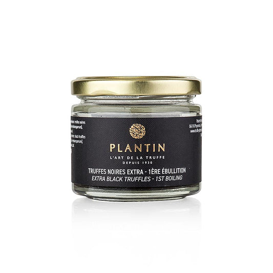 Winteredeltrüffel extra (Tuber Melanosporum), ganze Trüffel, rund, Plantin, 50 g - besonders runde und schöne Trüffel in Salz und Trüffelsaft eingekocht, ideal für Terrinen, Pasteten, Saucen und Frischkäse