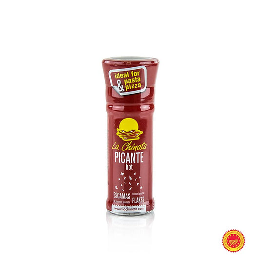 Paprikaflakes - Pimenton de la Vera DOP, geräuchert, scharf, Mühle, la Chinata, 24 g - Spanische Spezialität, traditionell geräuchert auf Eichenholz für höchste Geschmacks- und Farbstabilität, einzigartiger Geschmack für mediterrane Küche oder Wurstwarenherstellung