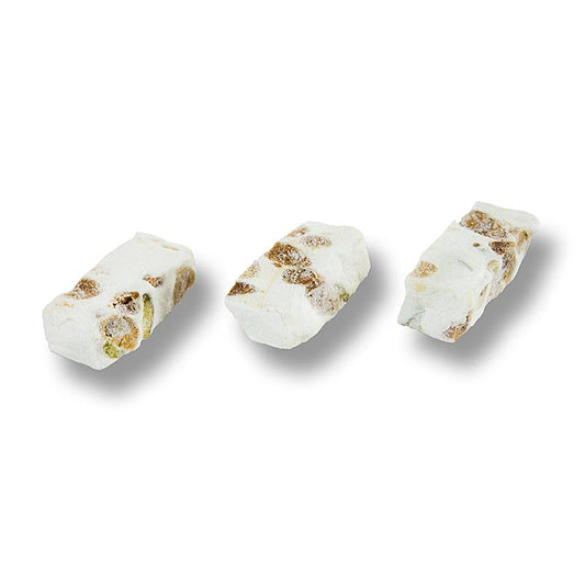 Französischer Nougat - mit Mandeln und Pistazien, aus Montelimar, 1,5 kg, ca320 St - Süßer weißer Nougat aus Montelimar, hergestellt aus Zucker, Pistazien, Mandeln, Eiweiß, Honig und Wasser Ein unwiderstehlicher Klassiker