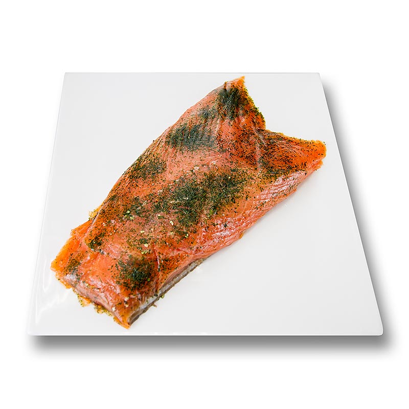 Schottischer Graved Lachs, gebeizt, mit Dill, geschnitten, ca500 g - Fein geschnittener schottischer Graved Lachs mit würzigem Dill, ca 500 Gramm