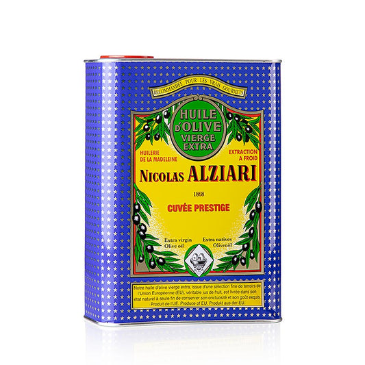 Natives Olivenöl Extra, Fruité Douce, mild, Alziari, 2 l - Goldgelbe Cuvée, kaltgepresst, fruchtig-mild, mit Mango- und Artischockennoten, ideal zu gegarten Gerichten und rohem Gemüse