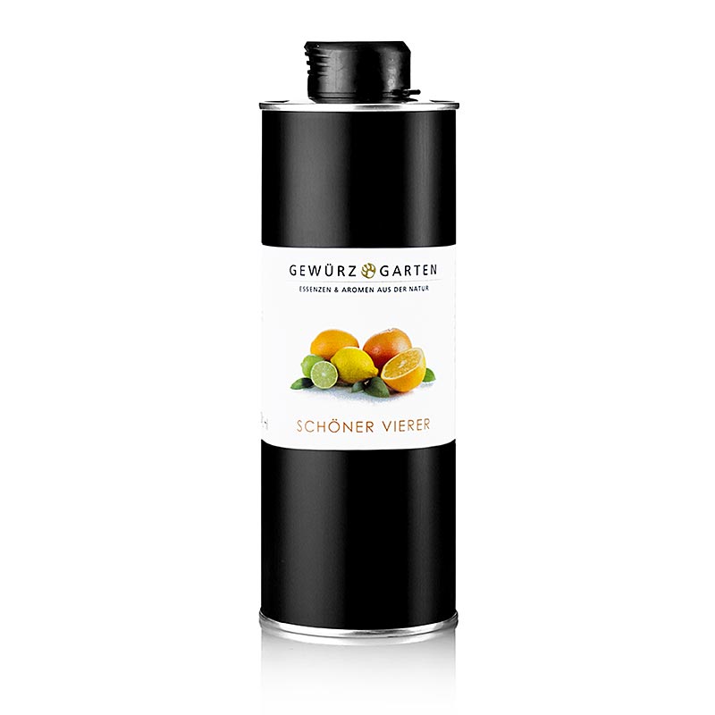 500 ml Flasche Gewürzgarten Schöner Vierer Orange/Limette/Zitronengrasöl in Olivenöl, hergestellt aus Olivenöl und 1,8% ätherischem Limetten-, Zitronengras- und Orangenöl, ideal für Salatdressings und kulinarische Experimente, kaltgepresst mit vielfältigen Geschmacks- und Duftkomponenten, sollte 1:3 mit einem anderen Öl gemischt werden