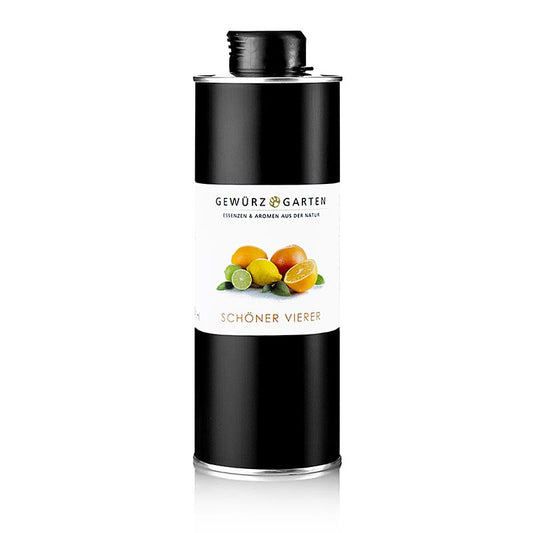 500 ml Flasche Gewürzgarten Schöner Vierer Orange/Limette/Zitronengrasöl in Olivenöl, hergestellt aus Olivenöl und 1,8% ätherischem Limetten-, Zitronengras- und Orangenöl, ideal für Salatdressings und kulinarische Experimente, kaltgepresst mit vielfältigen Geschmacks- und Duftkomponenten, sollte 1:3 mit einem anderen Öl gemischt werden