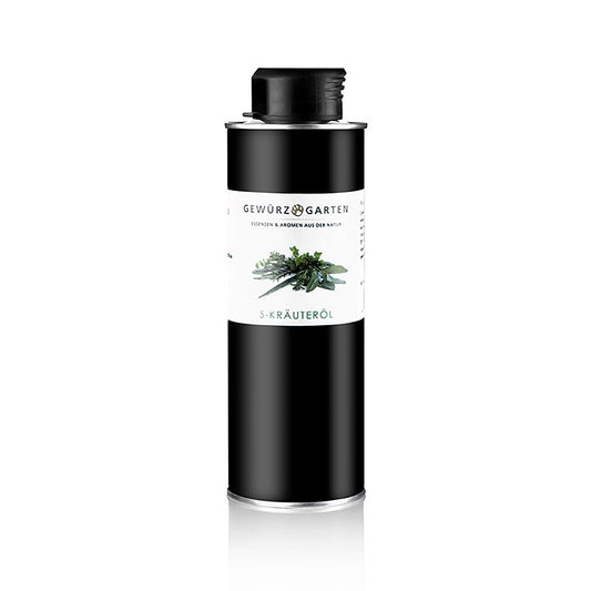 Gewürzgarten 5-Kräuteröl in Rapsöl, 250 ml - Frisches Basilikum, Rosmarin, Salbei, Oregano und Thymian kalt extrahiert und in Rapsöl gegeben, mit Chlorophyll für grüne Farbe Vollmundiges Aroma bei 20-40°C, kühl und dunkel lagern für höchsten Genuss
