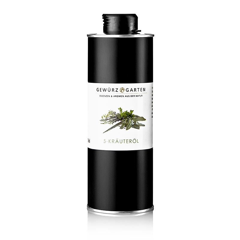 Gewürzgarten 5-Kräuteröl in Rapsöl, 500 ml - Frisches Basilikum, Rosmarin, Salbei, Oregano und Thymian kalt extrahiert, mit Chlorophyll für grüne Farbe, volles Aroma bei 20-40°C, kühl und dunkel lagern