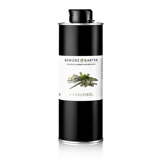 Gewürzgarten 5-Kräuteröl in Rapsöl, 500 ml - Frisches Basilikum, Rosmarin, Salbei, Oregano und Thymian kalt extrahiert, mit Chlorophyll für grüne Farbe, volles Aroma bei 20-40°C, kühl und dunkel lagern