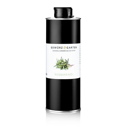 500 ml Flasche Gewürzgarten Rosmarinöl in Rapsöl, kalt extrahiert, mit grüner Farbe vom gelösten Blattgrün Chlorophyll, unverdünnt oder nach Belieben genießen
