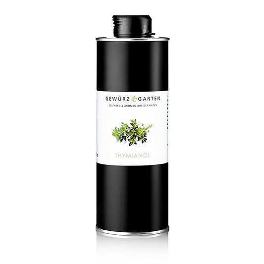 Flasche Gewürzgarten Thymianöl in Rapsöl, 500 ml, das aus frischem Thymian kalt extrahiert und grüne Farbe durch gelöstes Chlorophyll erhält, mit einer Vielfalt an Geschmacks- und Duftkomponenten, die ein destilliertes Aromaöl nicht bieten kann Ideal zum unverdünnten oder nach Belieben genießen