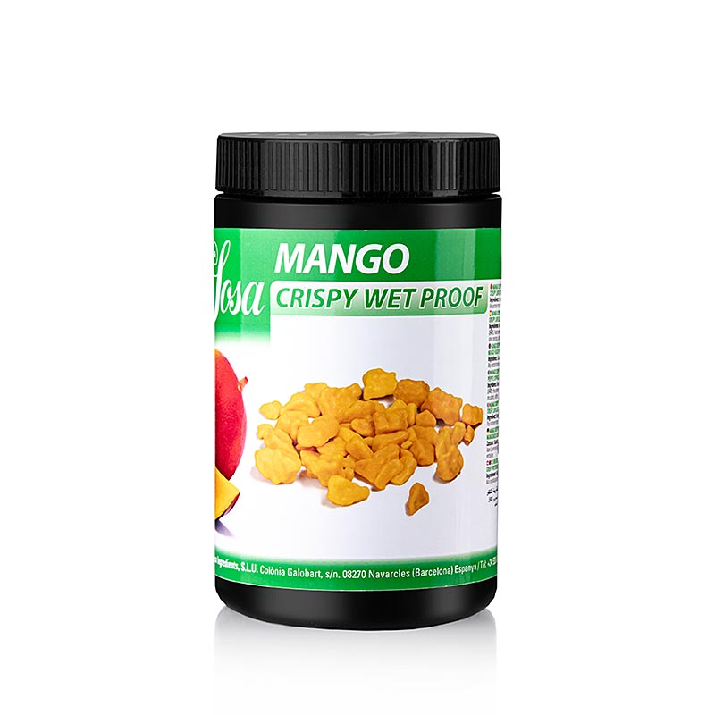 Gefriergetrocknete Mango-Stückchen umhüllt mit Kakaobutter, wetterfest und perfekt konserviert, hergestellt von der renommierten Firma Sosa in Spanien