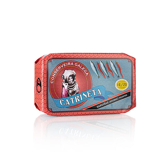 Sardinen in Olivenöl und Chili, Catrineta, 120 g, delikater Fisch mit sorgfältig ausgewählten Zutaten für ein einzigartiges Aroma und eine unvergleichliche Konsistenz